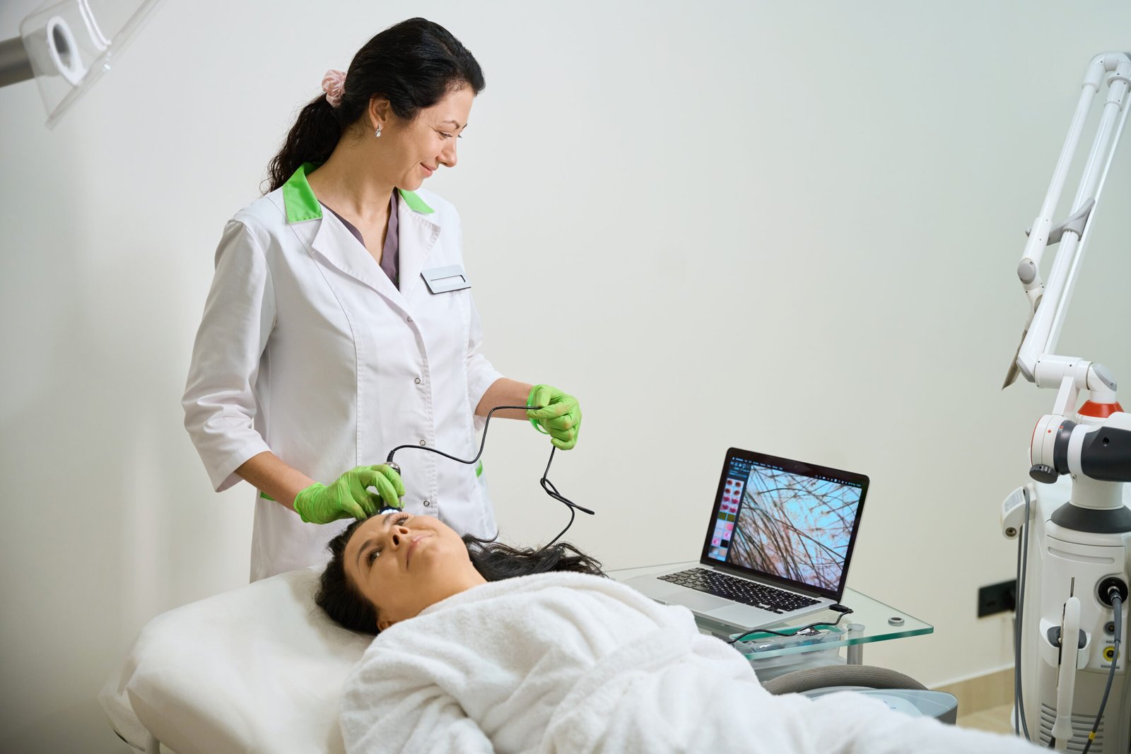 Middle-aged lady checks the condition of her hair using a trichoscope, the device is connected to a laptop